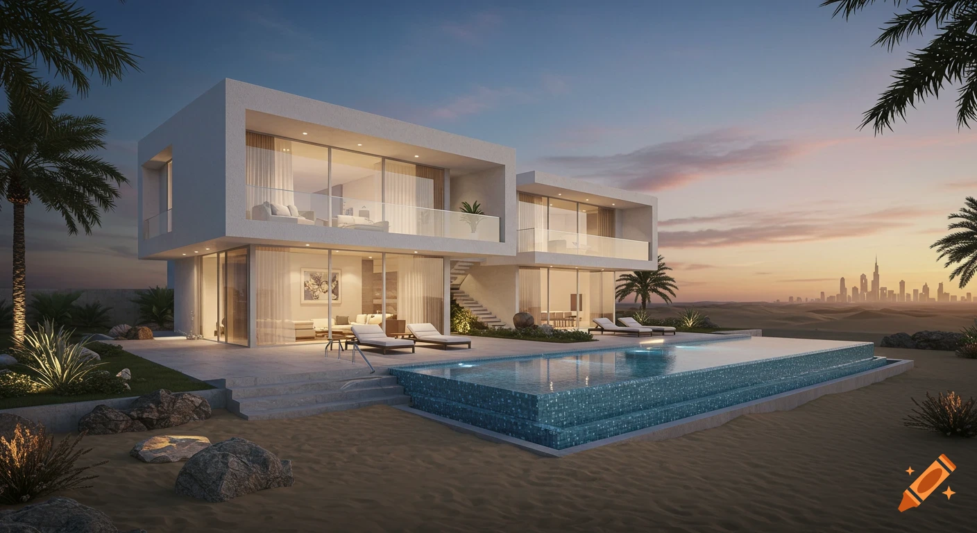 Photorealistic rendering of a modern luxury villa with an infinity pool, palm trees, and Dubai skyline at sunset in a desert.