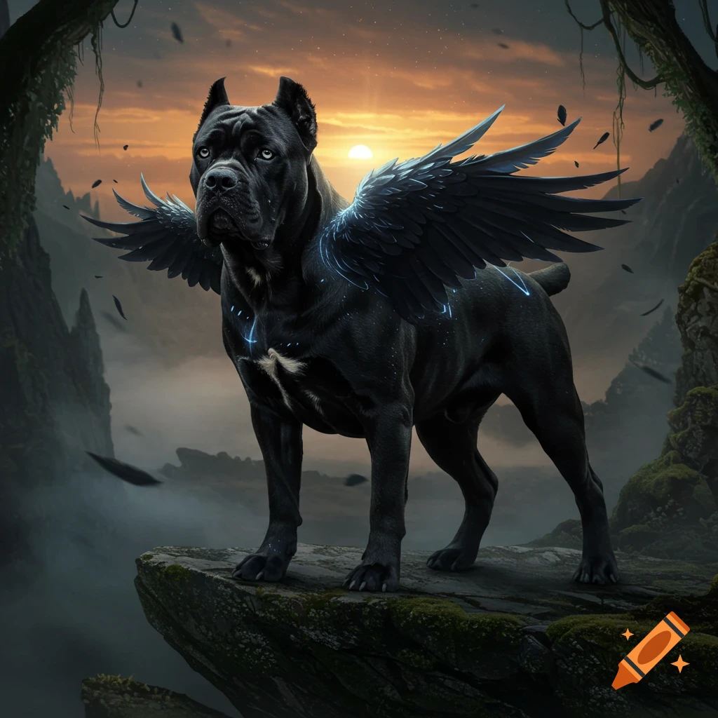 A majestic black Cane Corso-like dog with large dark wings and glowing blue markings stands on a mossy cliff at sunset.
