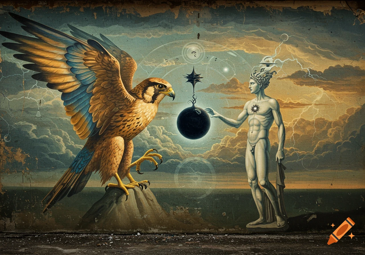 A surrealist mural on a weathered wall shows a majestic falcon and a Greek-inspired man holding a dark glowing sphere against a cosmic sky.