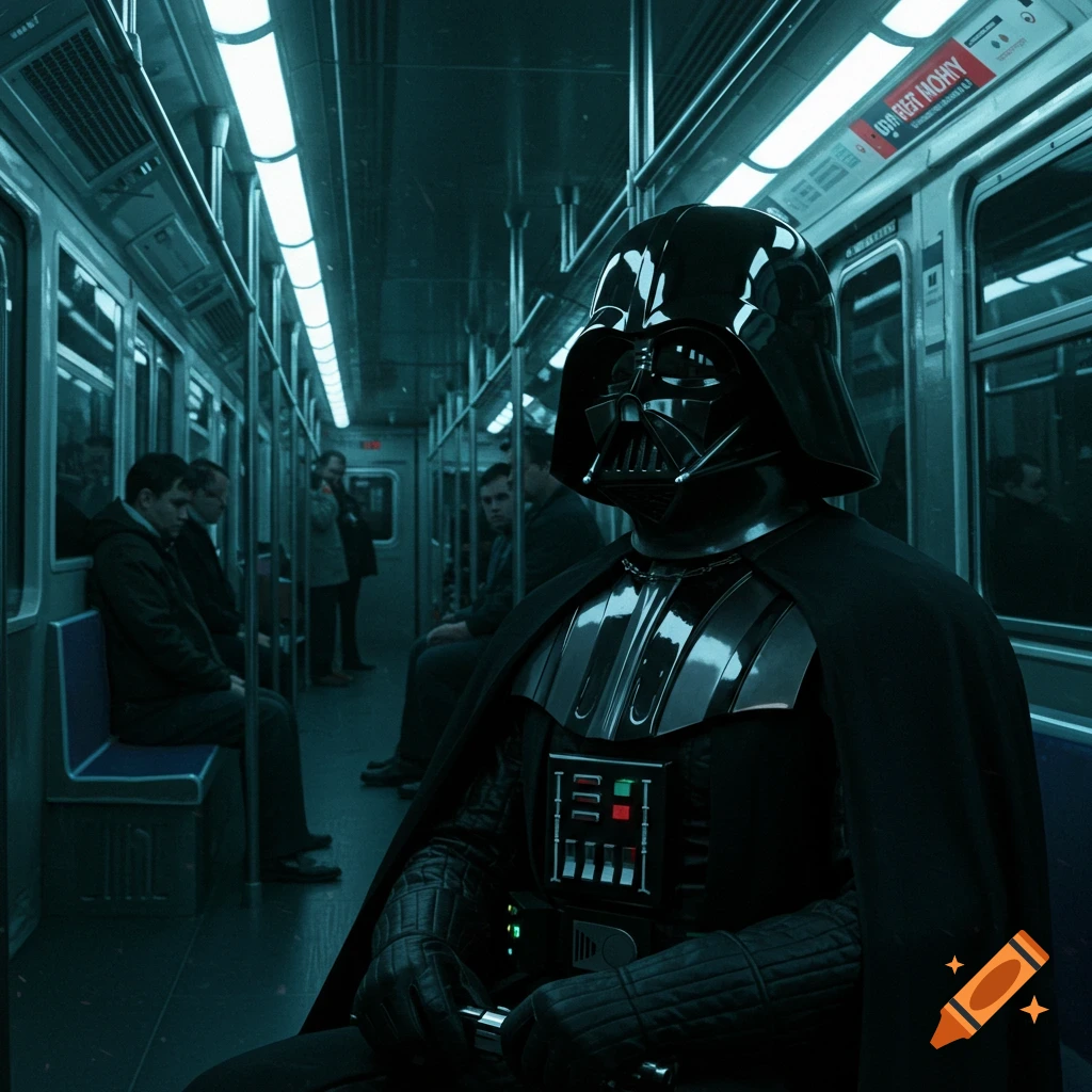 Photorealistic image of Darth Vader sitting in a dark, atmospheric subway car with other passengers.