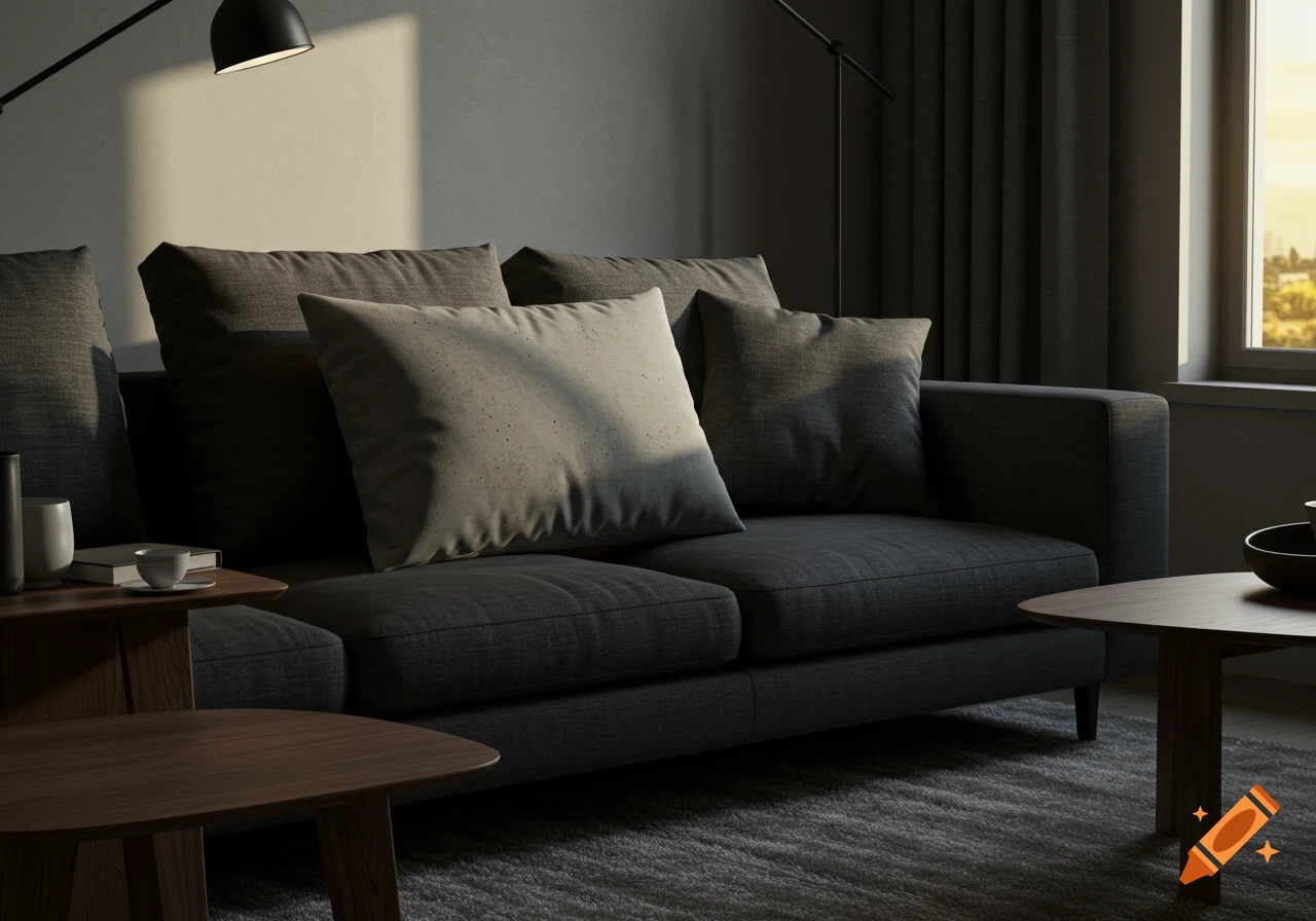 Photorealistic modern living room with a dark gray sofa, cement pillow, wooden tables, and a floor lamp, lit by sunlight.