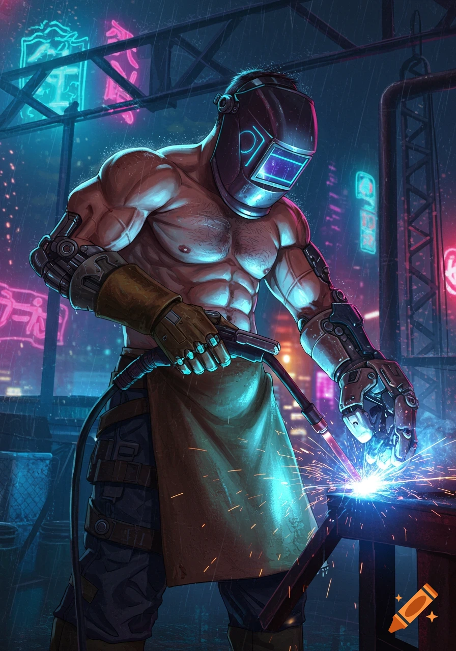 Muscular cyberpunk welder cyborg in a helmet with robotic arm, welding with bright sparks in a neon city at night, anime style.