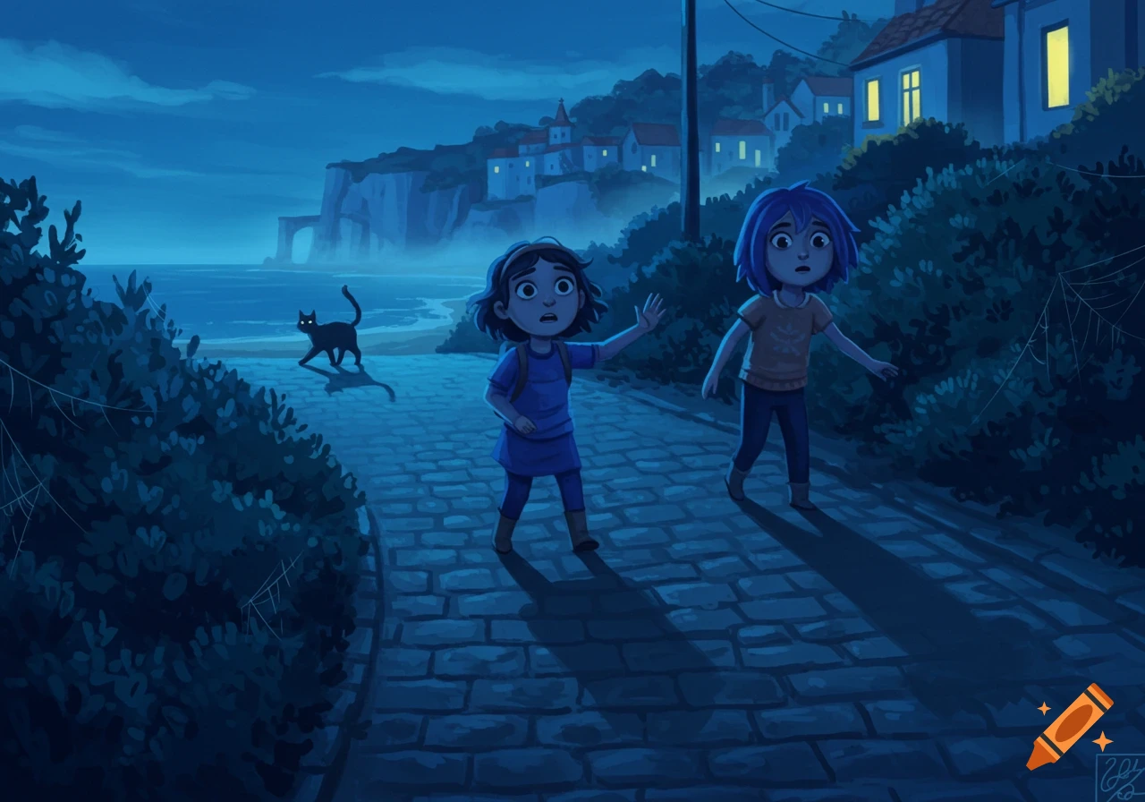 Cartoon of two scared girls on a cobblestone path at night, as a black cat walks by the sea near a cliffside village.