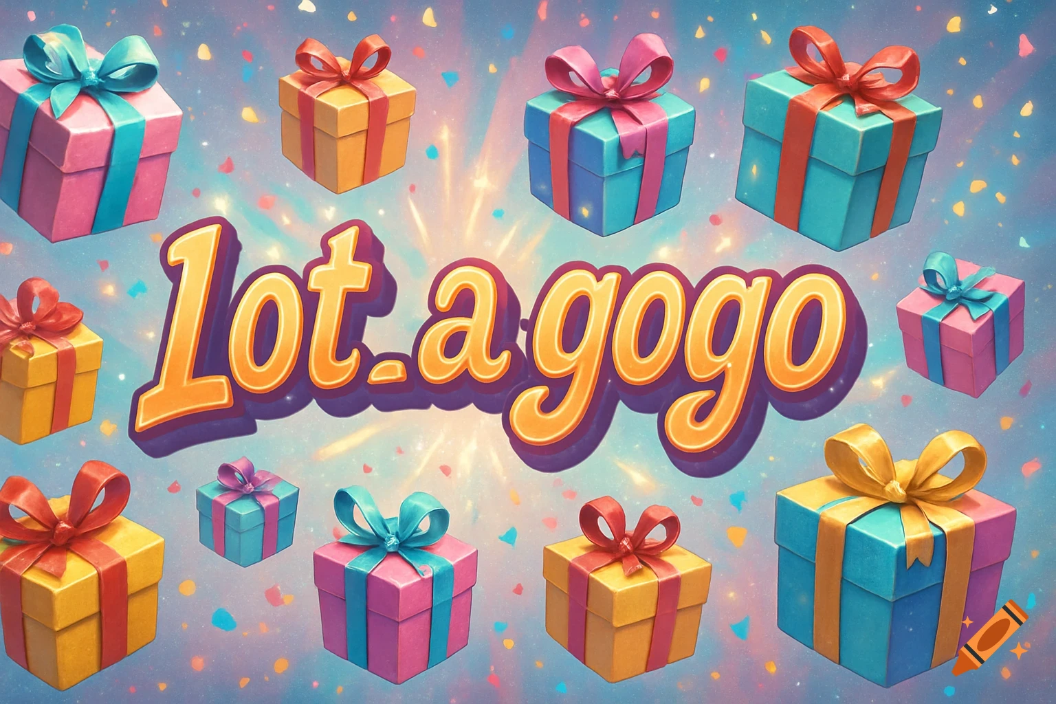 Colorful cartoon image featuring numerous gift boxes and confetti, with the text 'Lot_a_gogo' prominently displayed in the center.