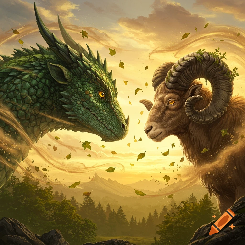 A green scaly dragon and a horned ram face each other amid swirling leaves at sunset over a forest.