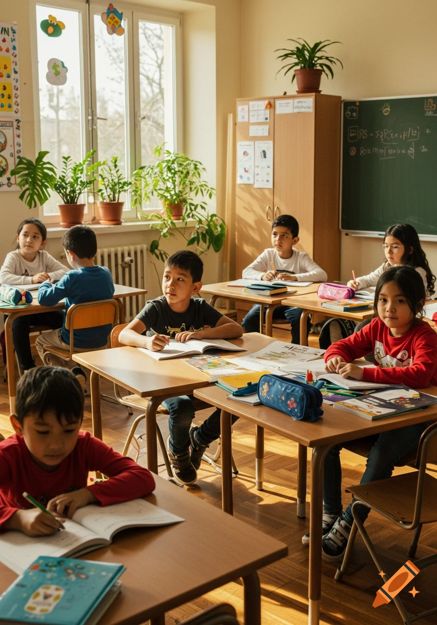 Photorealistic image of multiple children seated at wooden desks in a bright classroom, writing in notebooks and looking forward.