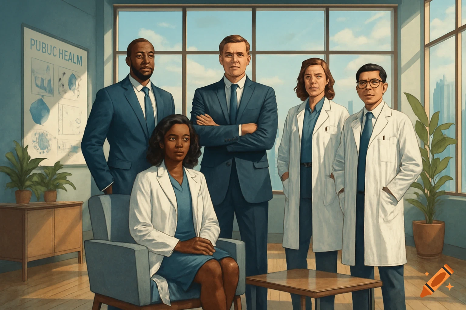 Diverse public health professionals in suits and lab coats in a modern office with a poster. Illustrative style.