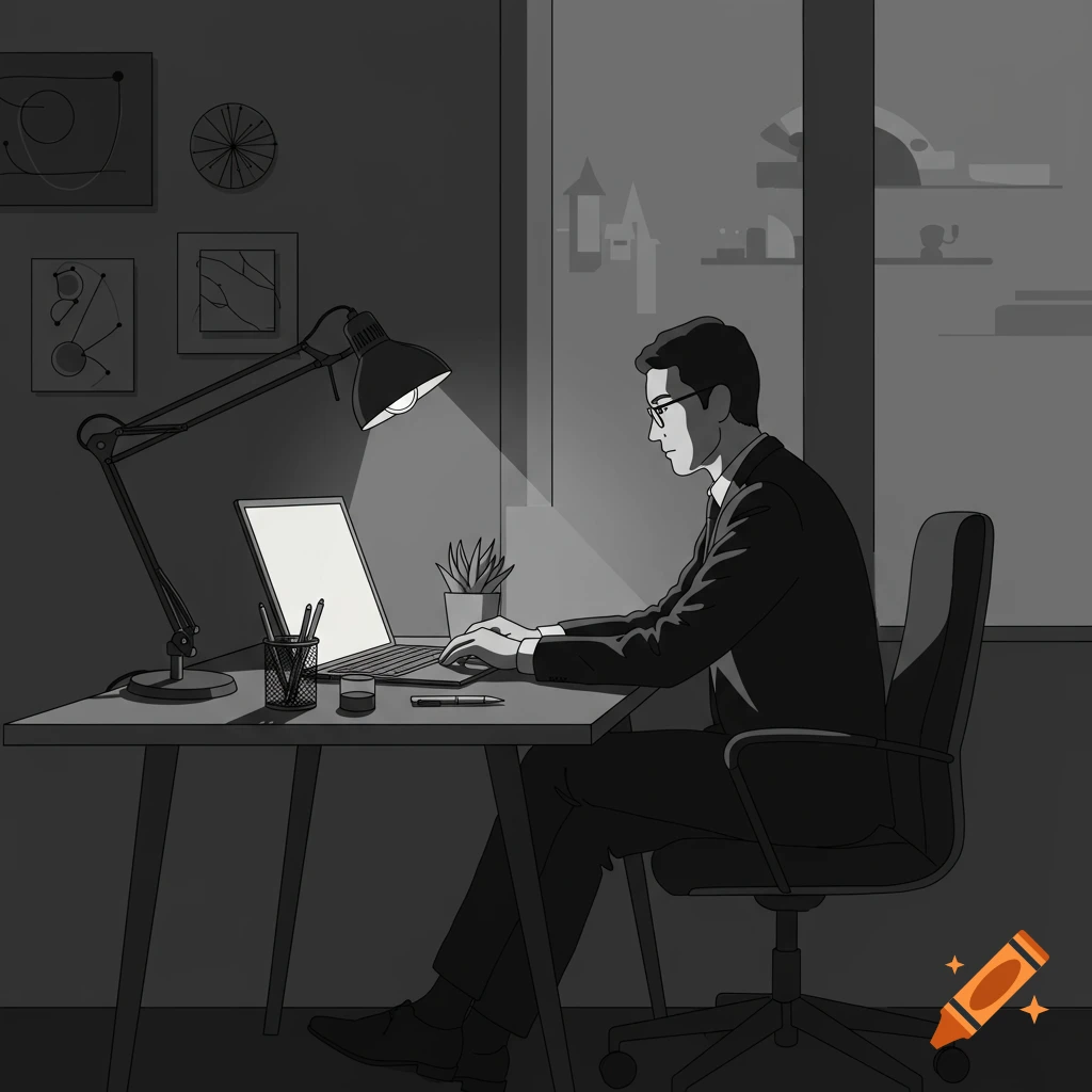A man in a suit works at an office desk on a laptop, illuminated by a desk lamp, in a grayscale line art style.
