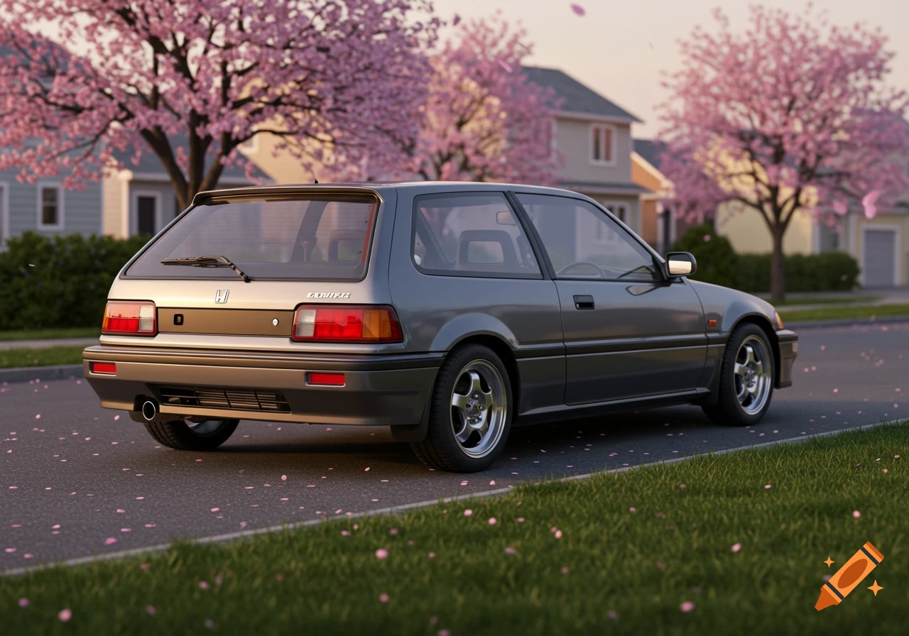 A grey Honda Civic hatchback parked on a suburban street lined with blooming pink cherry blossom trees, with petals on the asphalt. Photorealistic.