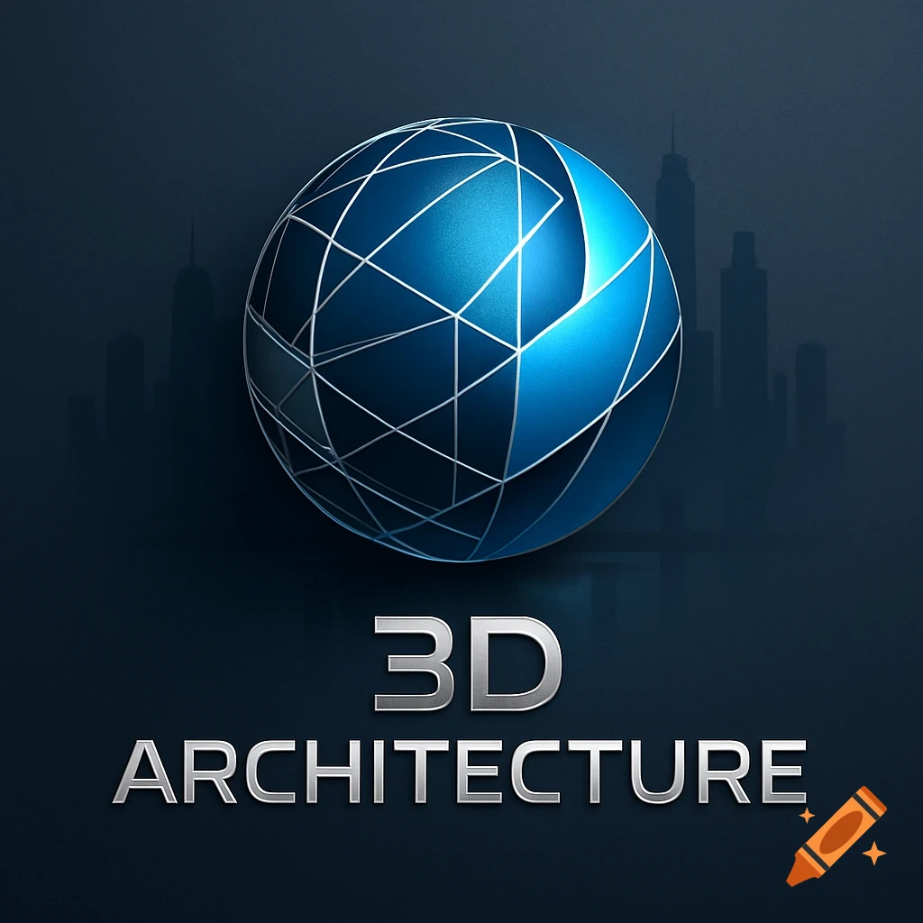 A blue globe logo with white lines, text '3D ARCHITECTURE', and a dark city skyline silhouette background.