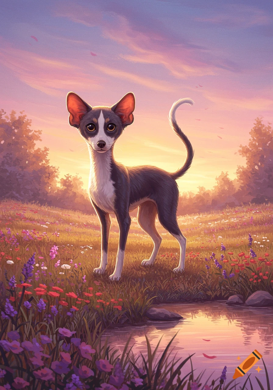 A stylized dog-like creature with large ears stands in a field of colorful wildflowers by a stream, under a vibrant sunset sky. Illustrated.