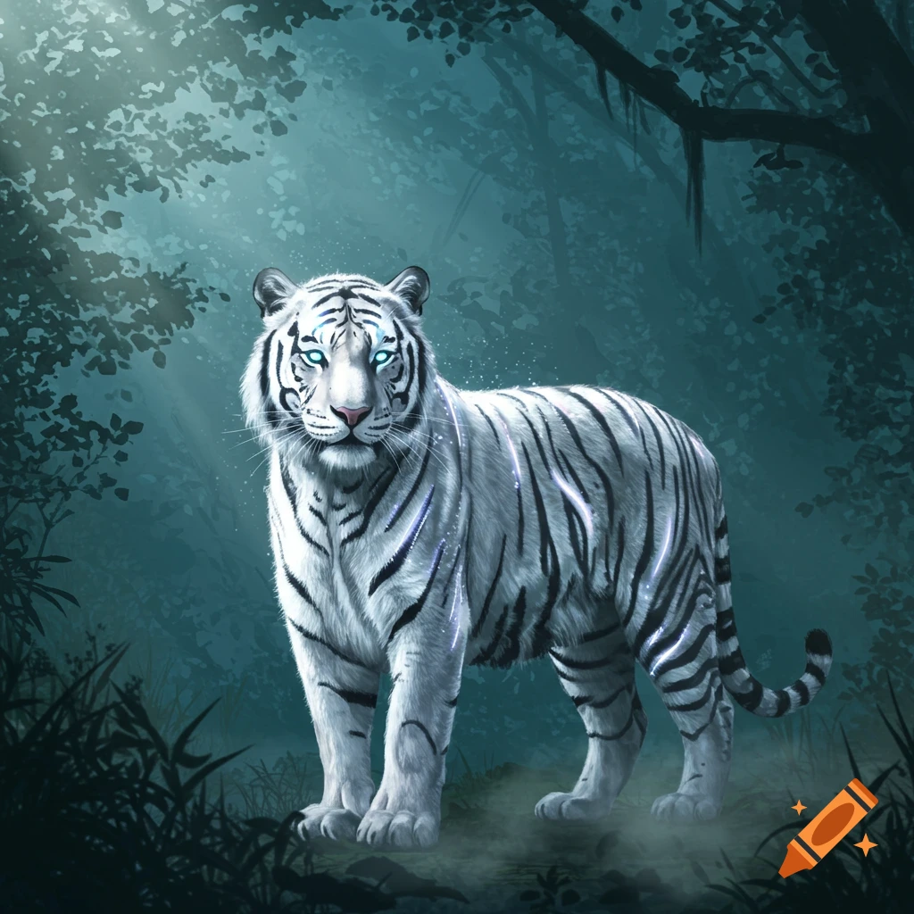 A majestic white tiger with glowing blue eyes and ethereal stripes stands in a dark, misty forest, bathed in shafts of light.