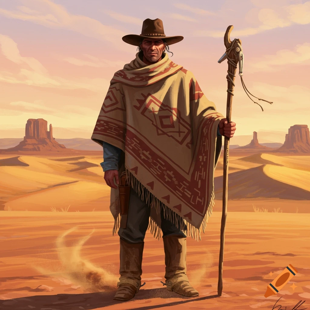 A western-style man in a poncho and hat, holding a staff, stands in a desert landscape with mesas, digital painting.