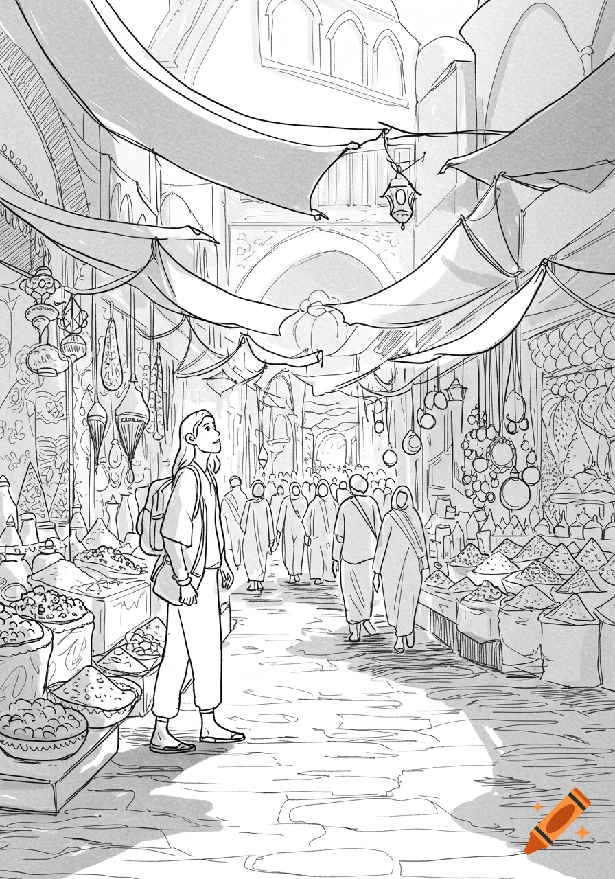 Line drawing of a traveler looking up in awe in a bustling outdoor marketplace with stalls and many people.