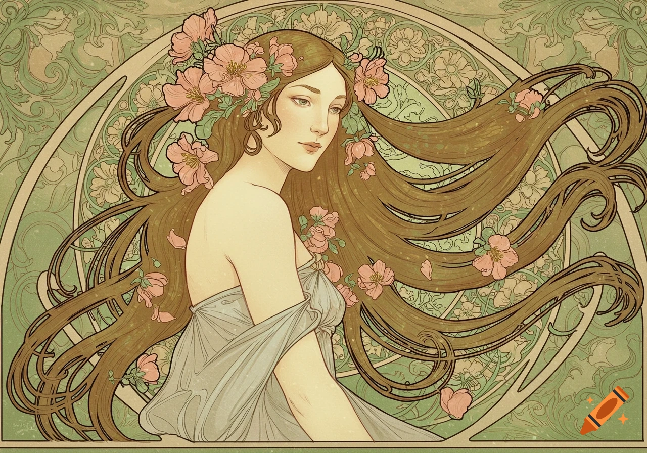 Art Nouveau portrait of a woman with long flowing brown hair adorned with pink flowers, against a green and gold floral background.