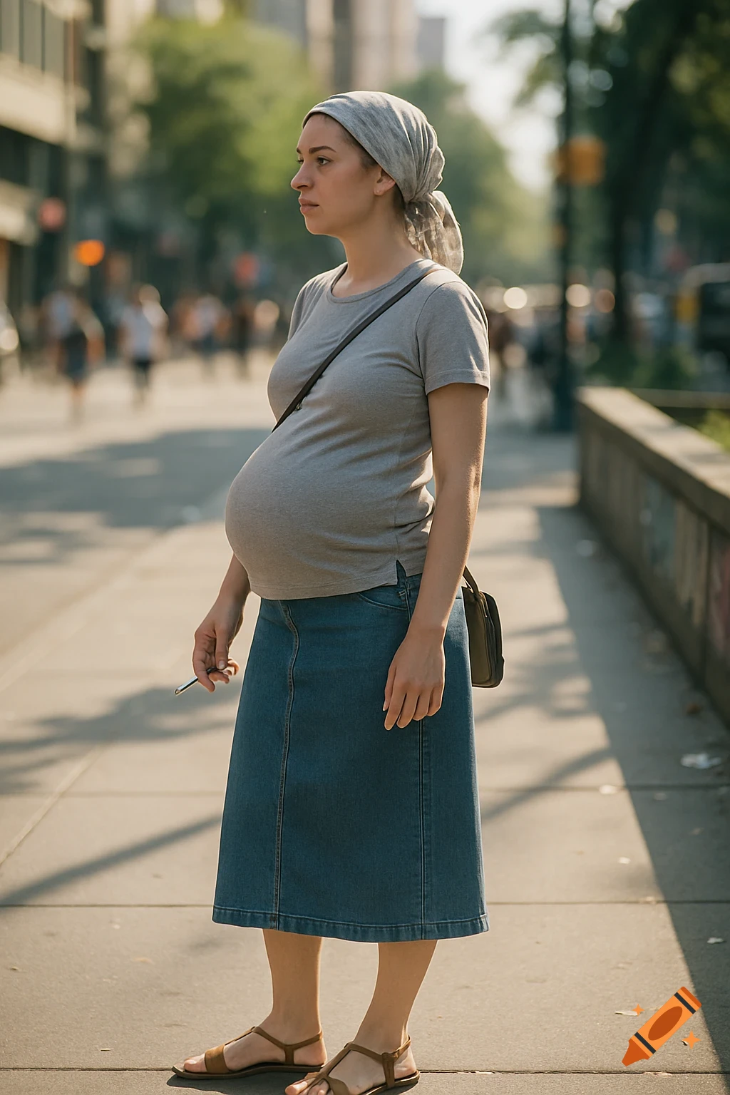 A photorealistic image of a pregnant woman wearing a headscarf, denim skirt, and t-shirt, standing on an urban sidewalk, holding a cigarette.