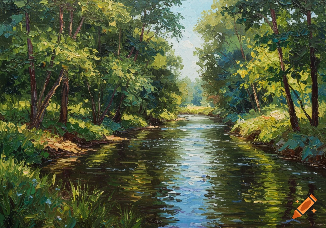 An oil painting of a peaceful river flowing through a lush green forest, rendered in a thick palette knife style.