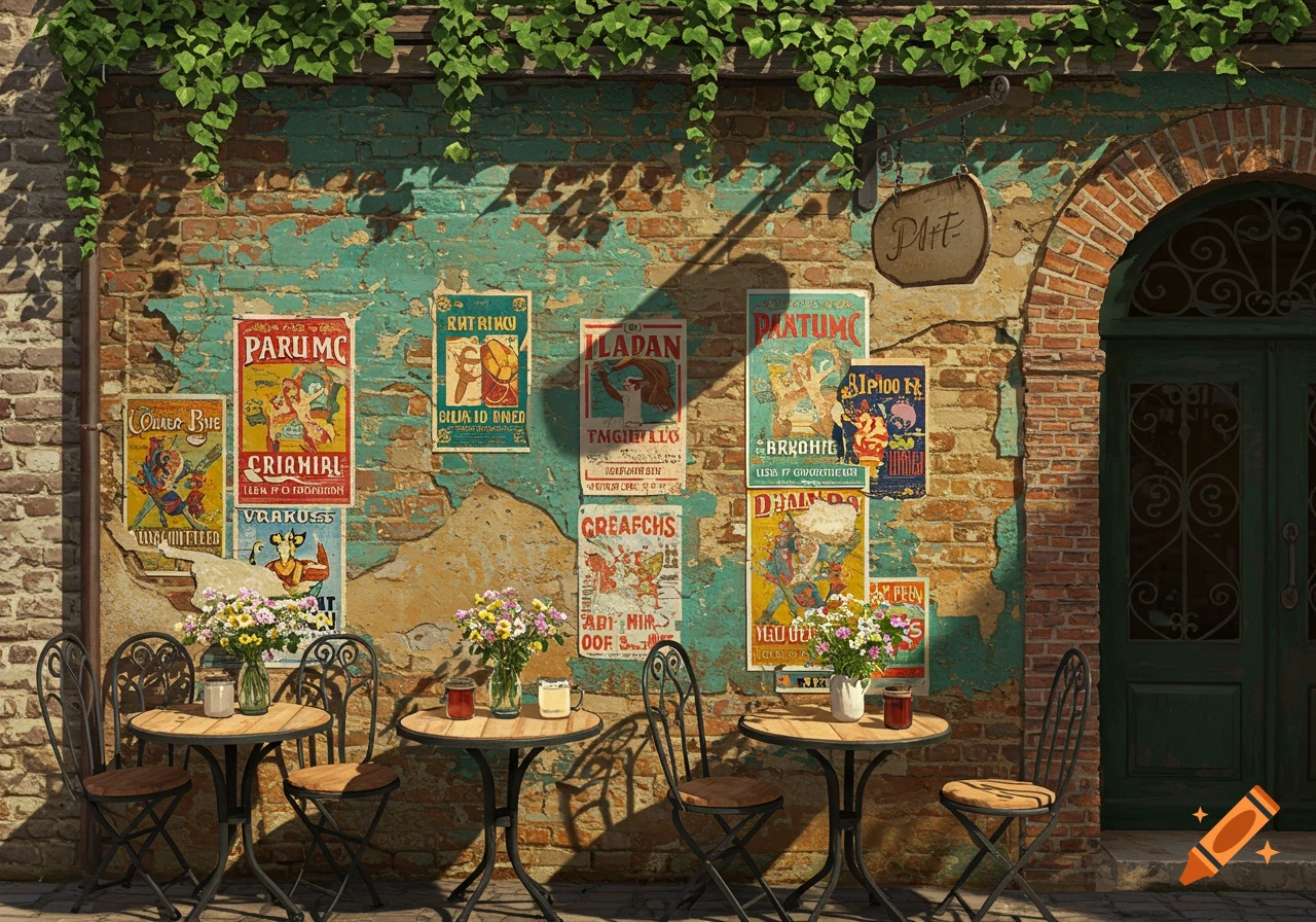 An outdoor cafe scene with tables, chairs, and flowers against a weathered brick wall covered in vintage posters and ivy, next to an arched green door.