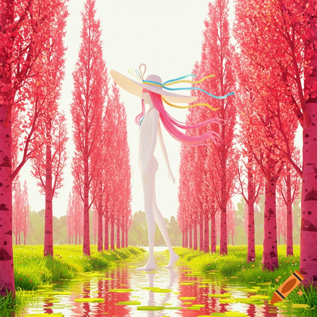 Whimsical digital art of a pale figure with long pink hair and a wide hat, standing in water surrounded by vibrant pink trees and green grass.