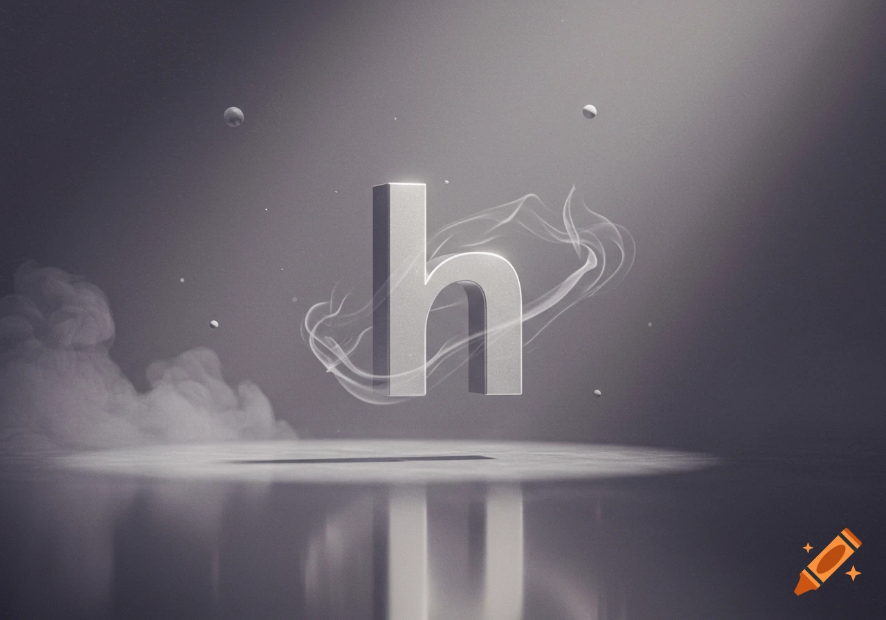 A 3D rendered lowercase letter 'h' with smoke swirling around it, floating above a reflective surface in a monochromatic setting.