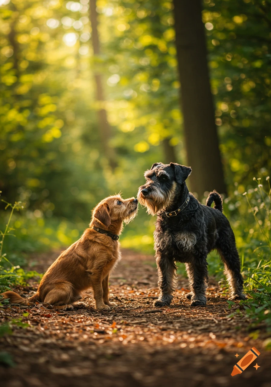 A small brown dog looks up at a larger black schnauzer on a sunlit forest path.