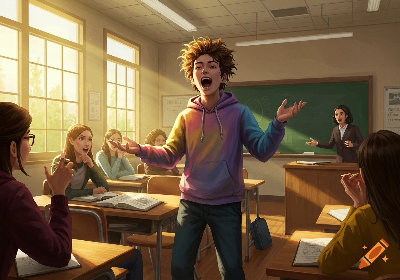 Illustrated scene of a student speaking loudly and gesturing in a bright classroom, with classmates and a teacher looking on.