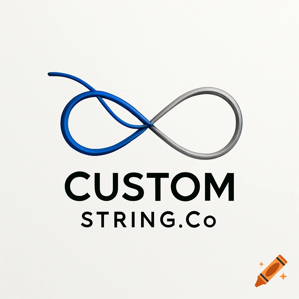 A minimalist logo featuring a blue and grey infinity symbol above the text 'CUSTOM STRING.Co'.