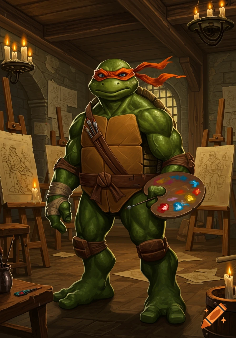 A muscular Ninja Turtle stands in an old art studio, holding a painter's palette and brush, surrounded by easels and sketches.