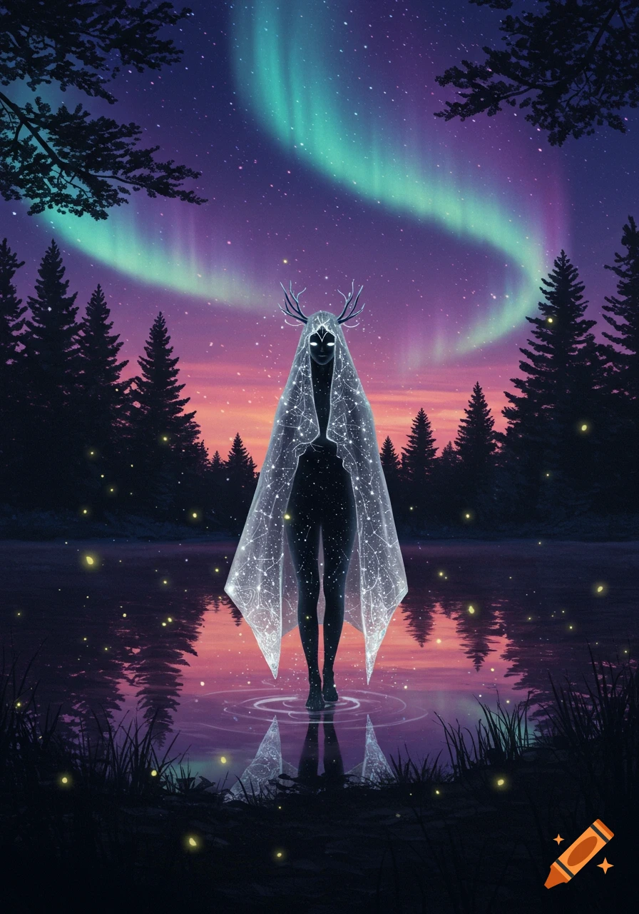 Mystical veiled figure with antlers stands in a lake reflecting a vibrant aurora borealis and starry night sky with pine trees.