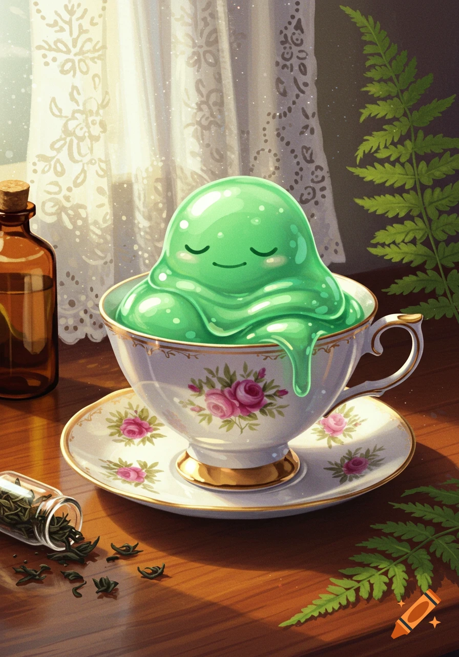 A cute, sleepy green slime rests in a floral teacup on a wooden table, with bottles and a fern nearby in a whimsical illustration.