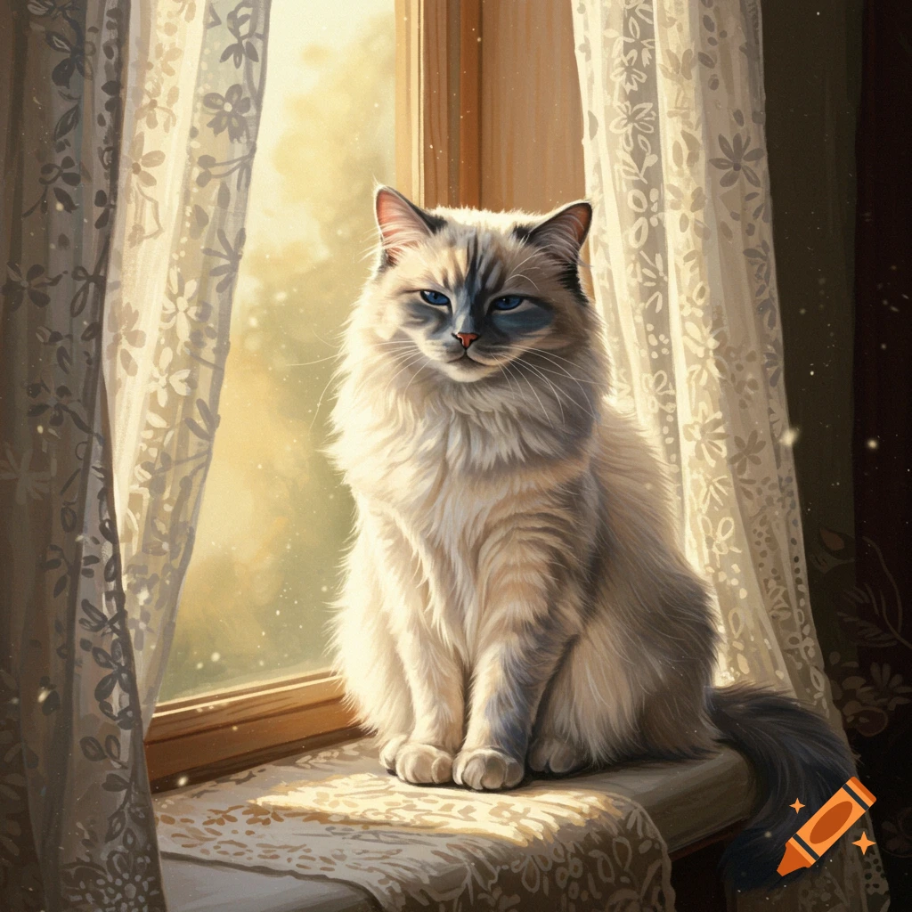 A fluffy ragdoll cat with blue eyes sits on a sunlit window sill, with lace curtains on either side.