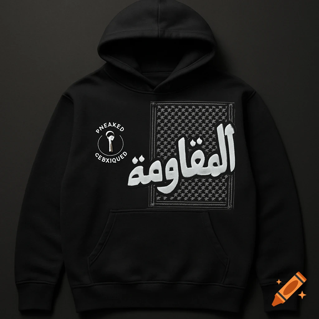 A black hoodie with white puffy Arabic text " المقاومة" over a keffiyeh pattern on the right chest and a circular embroidered logo on the left.