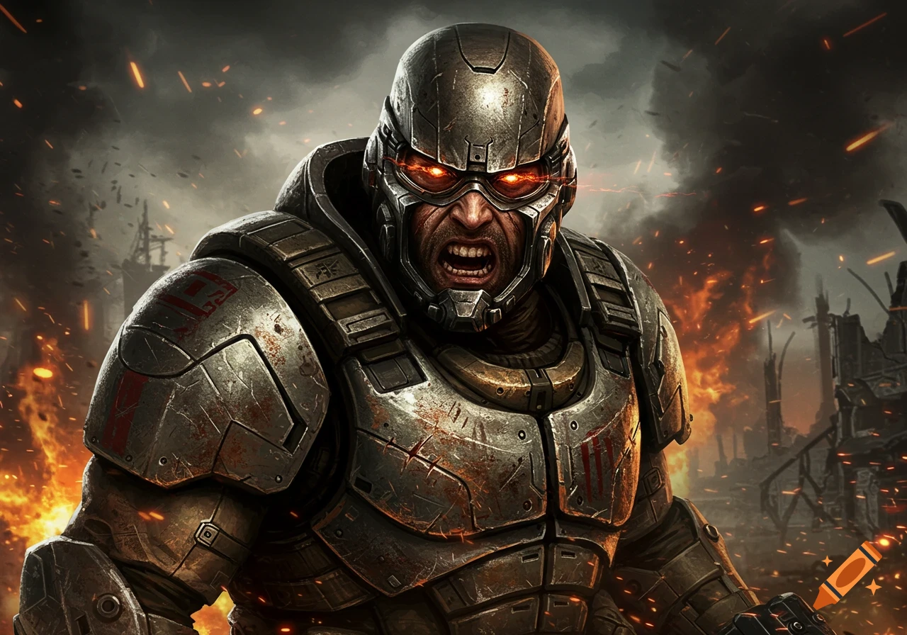 Heavily armored soldier with glowing red eyes, shouting in a war-torn, fiery landscape, in a gritty, realistic style.