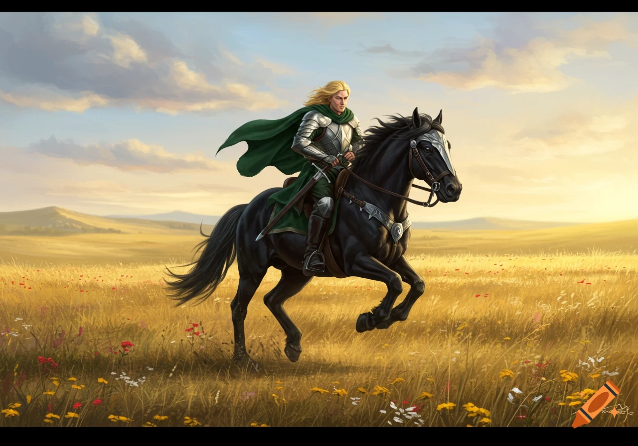 A blonde man in armor and a green cloak rides a black horse through a golden field under a cloudy sky.