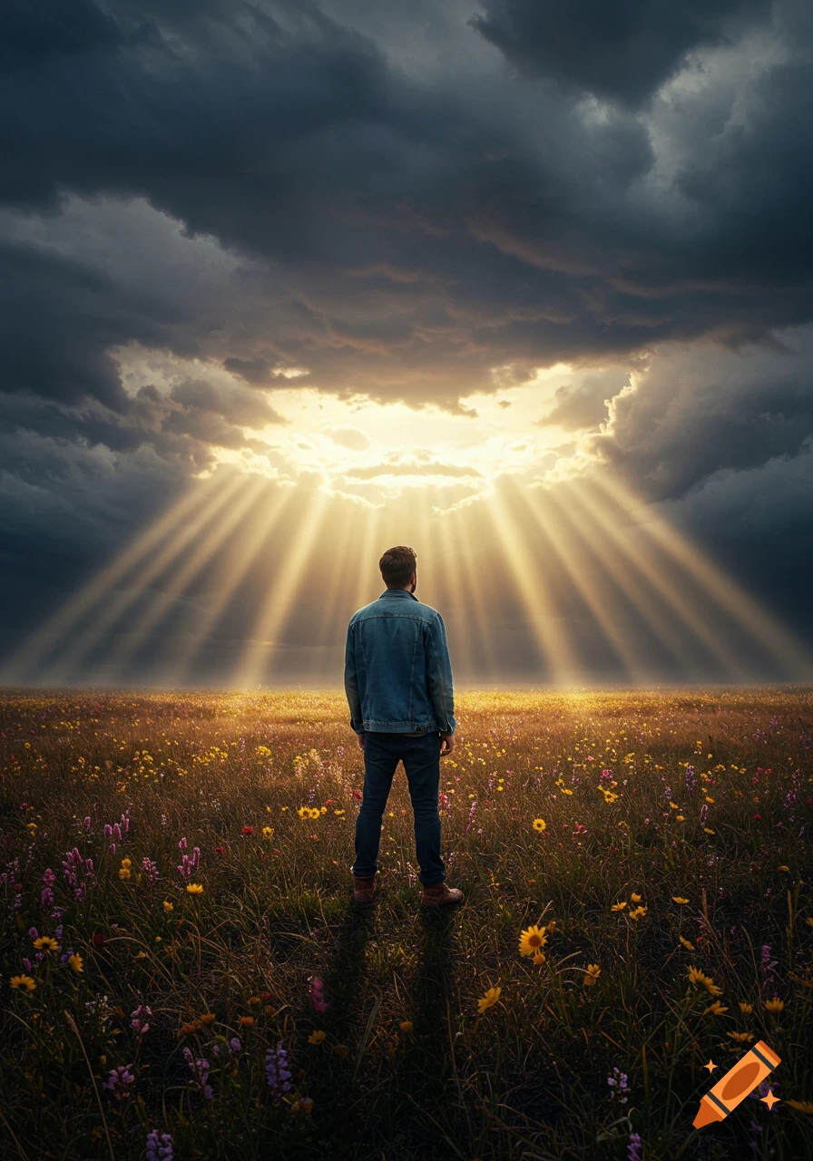 A man in a denim jacket stands in a vast field of wildflowers, looking at dramatic sun rays breaking through dark clouds.