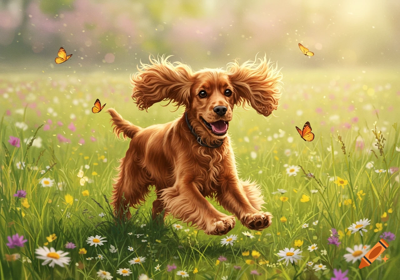 A happy brown cocker spaniel is running with ears flying through a vibrant green meadow filled with wildflowers as butterflies flutter around it.