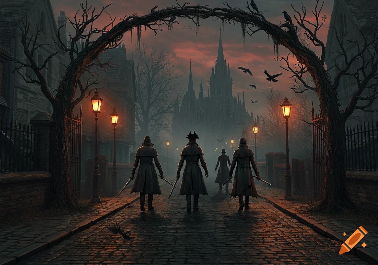 Four cloaked figures walk down a misty, gaslit gothic street towards a towering cathedral at dusk, in a dark fantasy style.