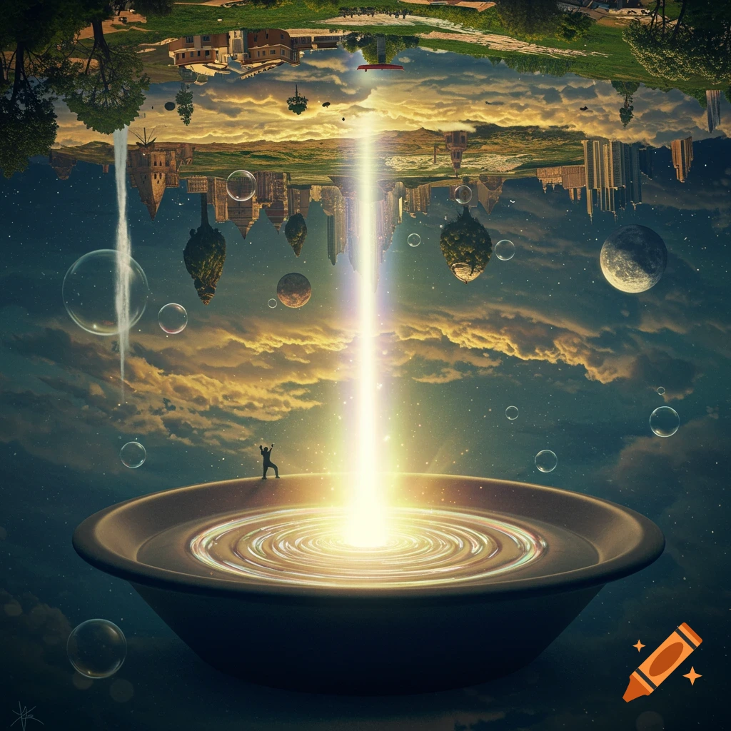 Surreal digital art shows an upside-down city above a light beam flowing into a bowl where a person stands, under a cosmic sky.