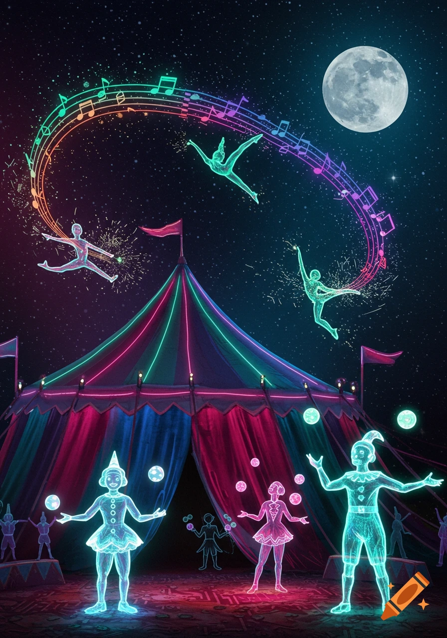 Neon-lit digital circus scene at night with glowing performers, a colorful tent, and musical notes under a full moon.