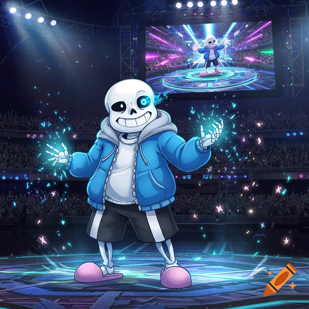 Cartoon skeleton character Sans on a brightly lit stadium stage, casting blue magic, with a large screen behind showing himself.