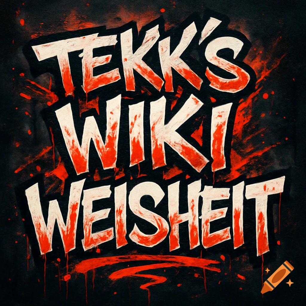 Bold, graffiti-style text 'TEKK's WIKI WEISHEIT' in red and white with black outlines and splatters on a dark background.