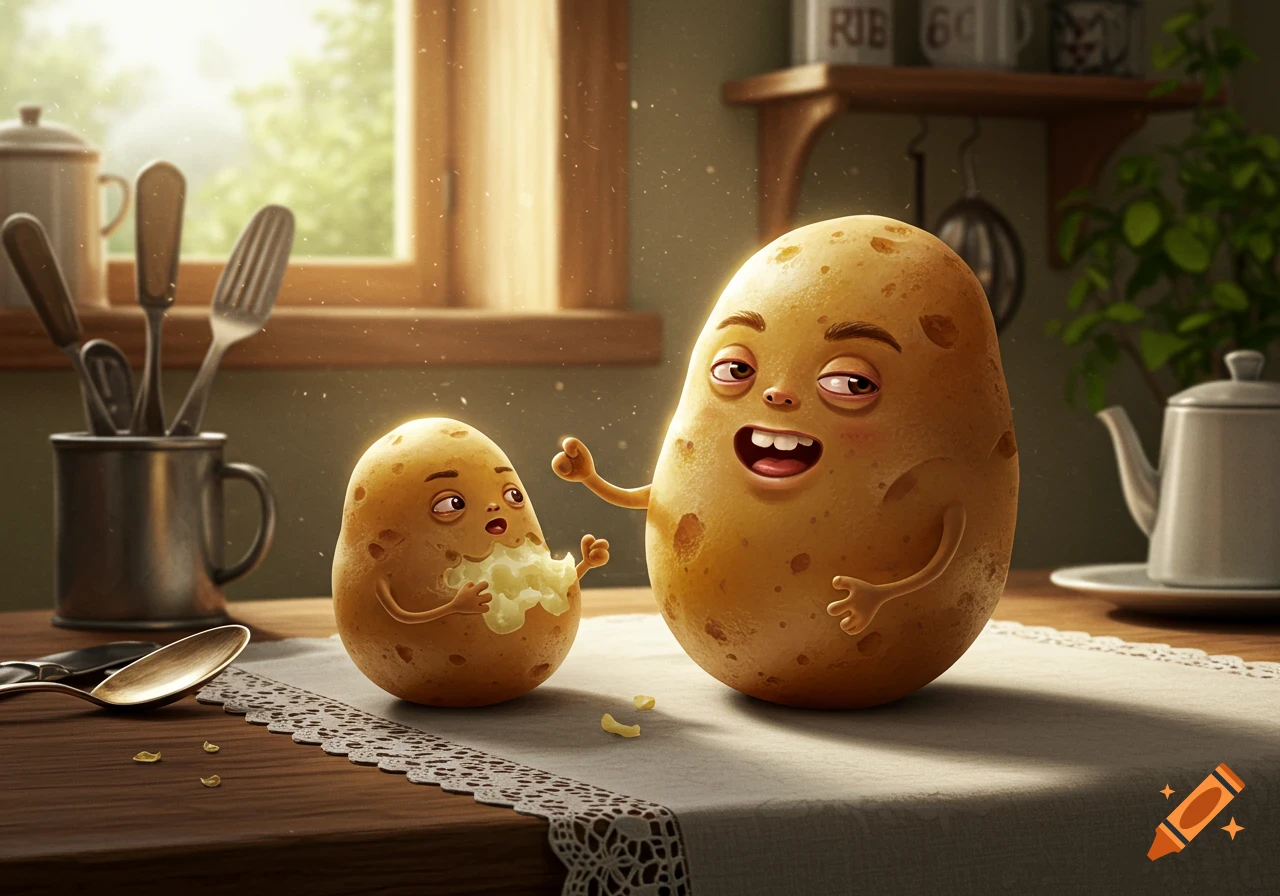 A smiling anthropomorphic potato watches as a smaller potato eats mashed potato in a whimsical kitchen scene.