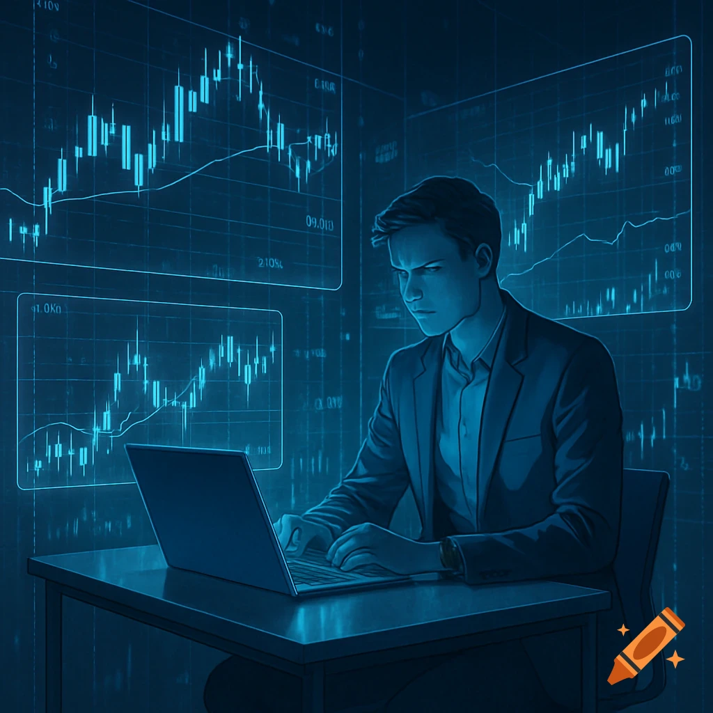 A serious man in a suit works on a laptop, surrounded by glowing blue financial stock charts.