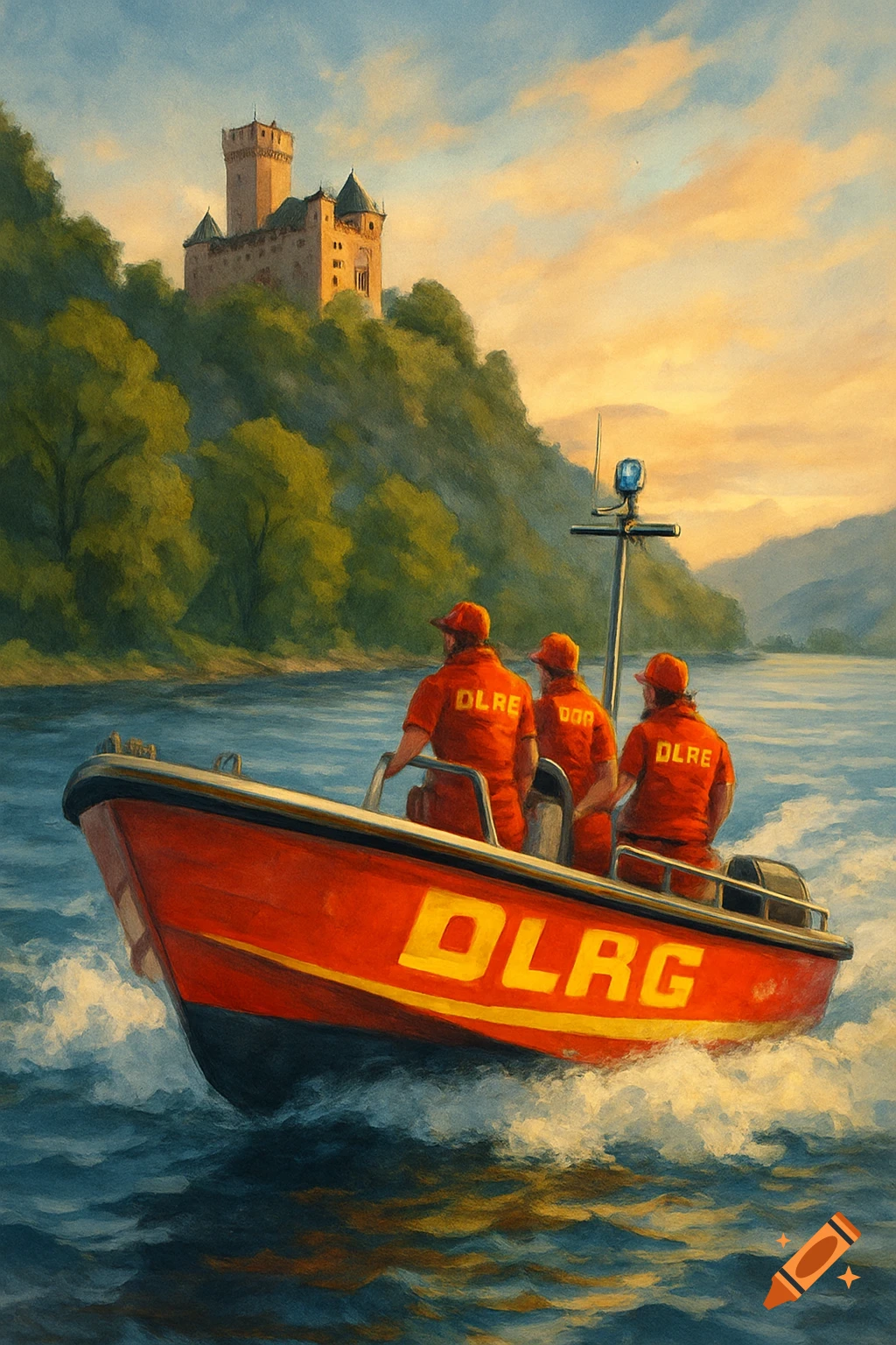 Painted scene of a red boat with lifeguards on a river, a castle on a wooded hill under an evening sky.