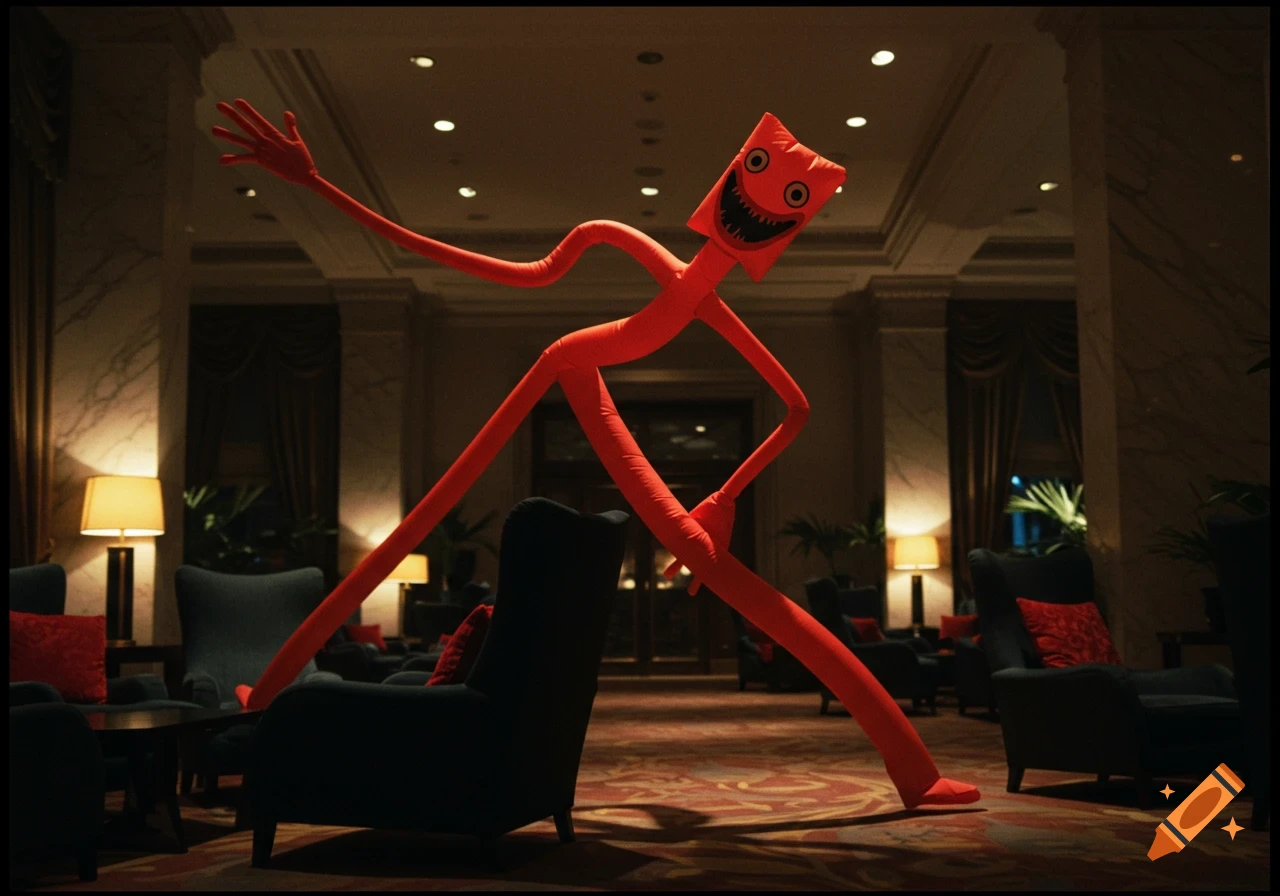 A long-limbed, grinning red inflatable tube man in a dynamic pose in a dimly lit, luxurious hotel lobby.