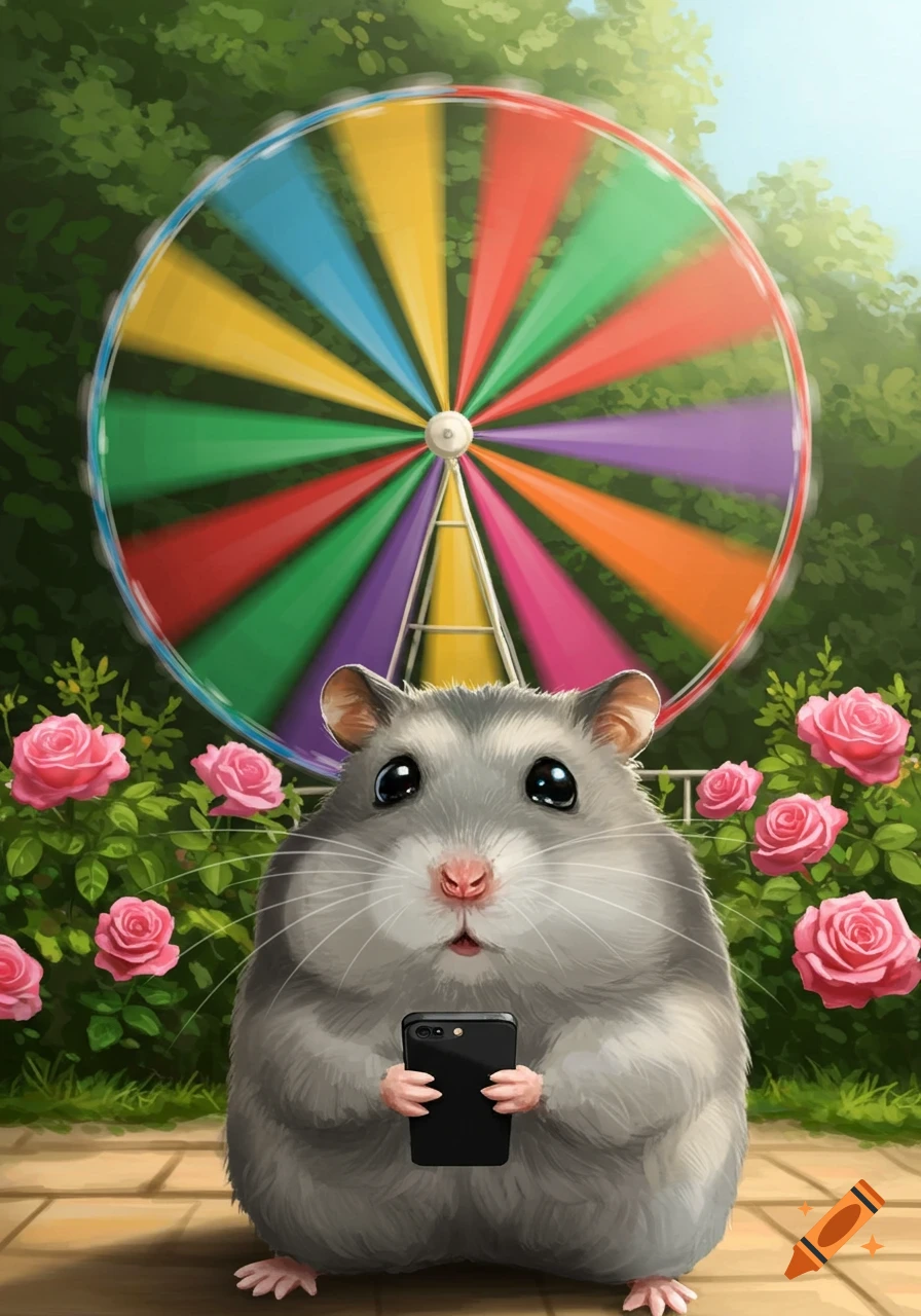 A digital illustration of a cute gray hamster holding a phone, with pink roses and a colorful spinning wheel in a garden.