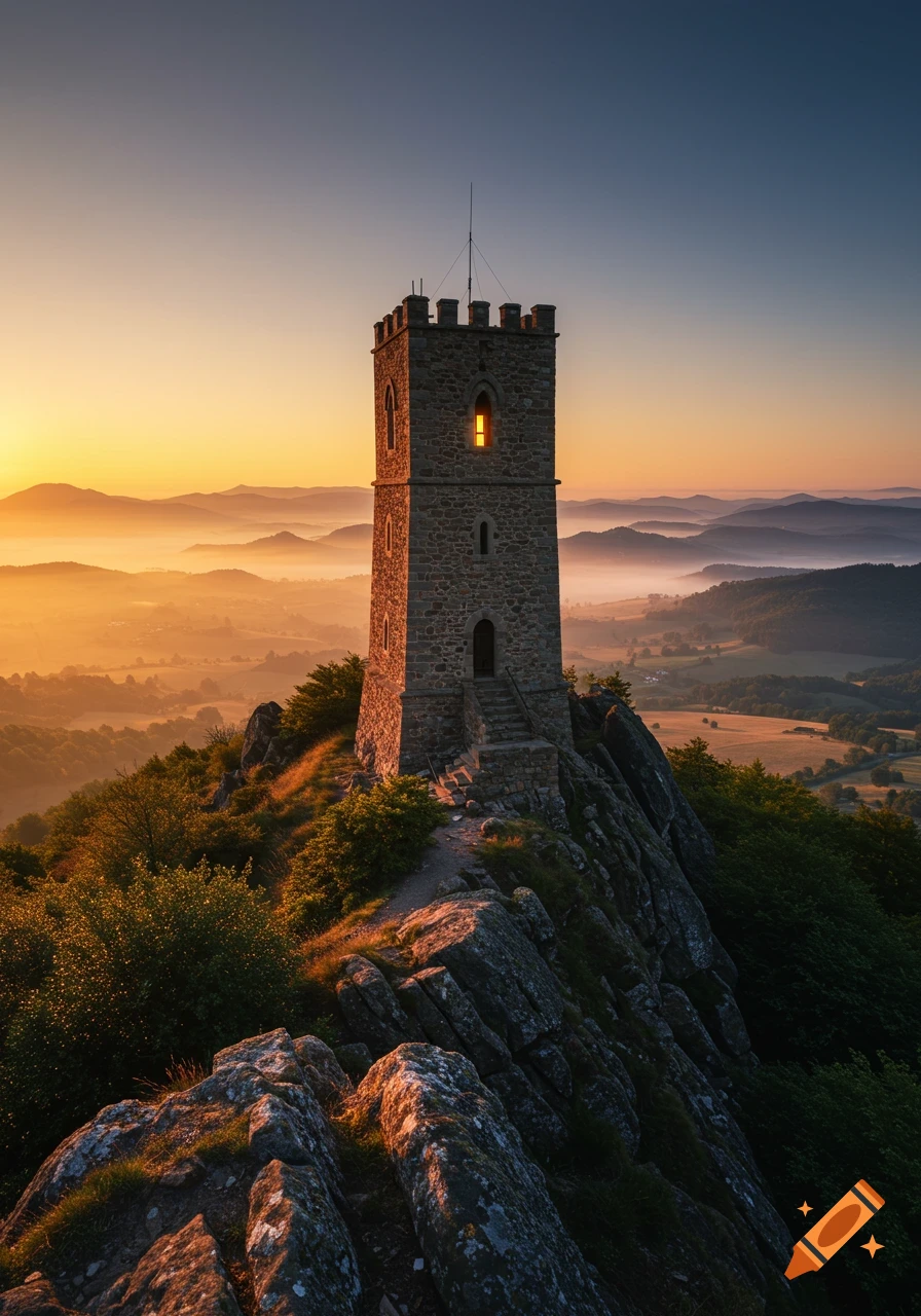 Photorealistic image of a stone tower on a rocky mountain peak at sunrise, overlooking misty valleys and rolling hills.