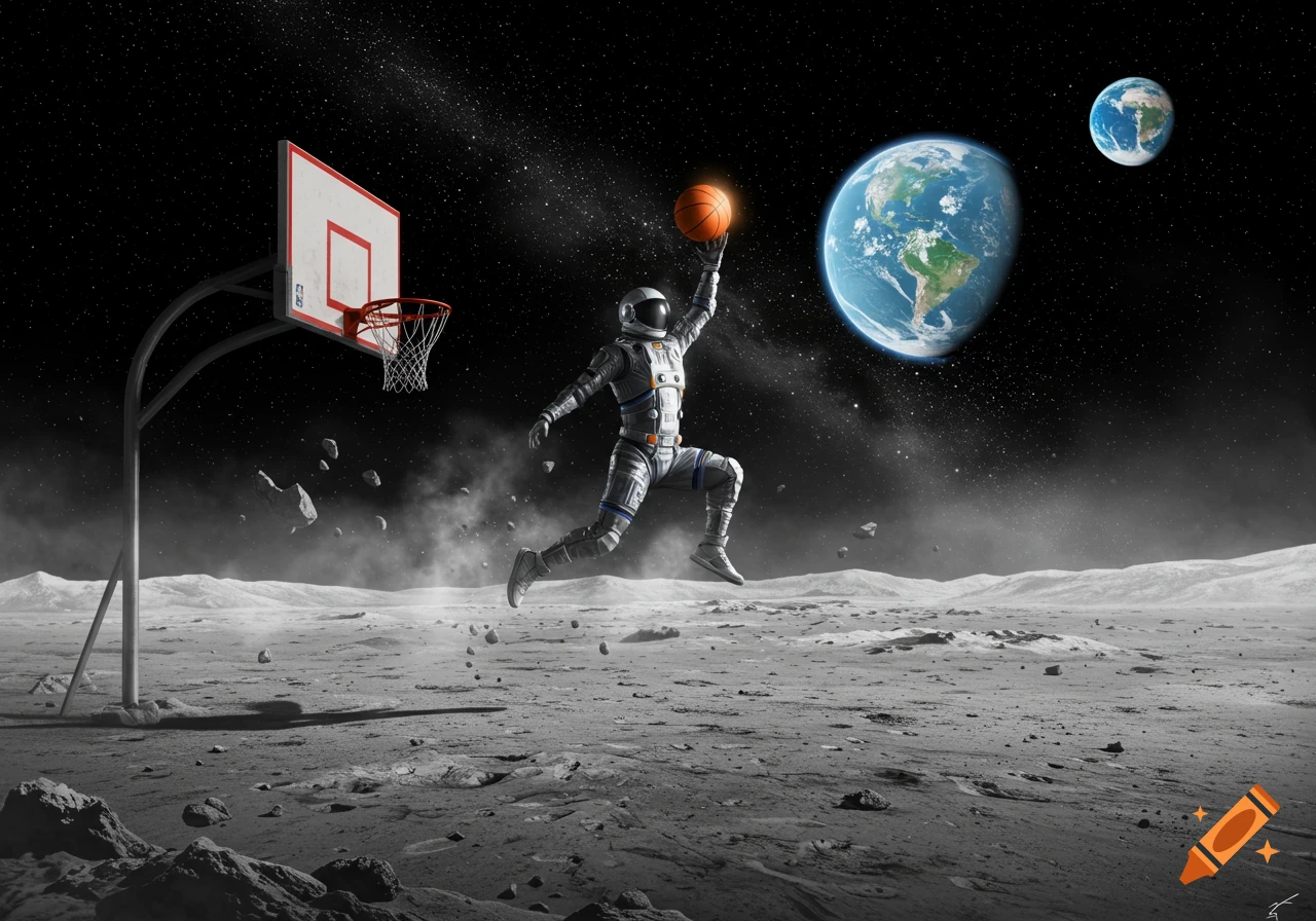 An astronaut dunks a basketball on the moon, with Earth visible in the starry sky, in a photorealistic style.