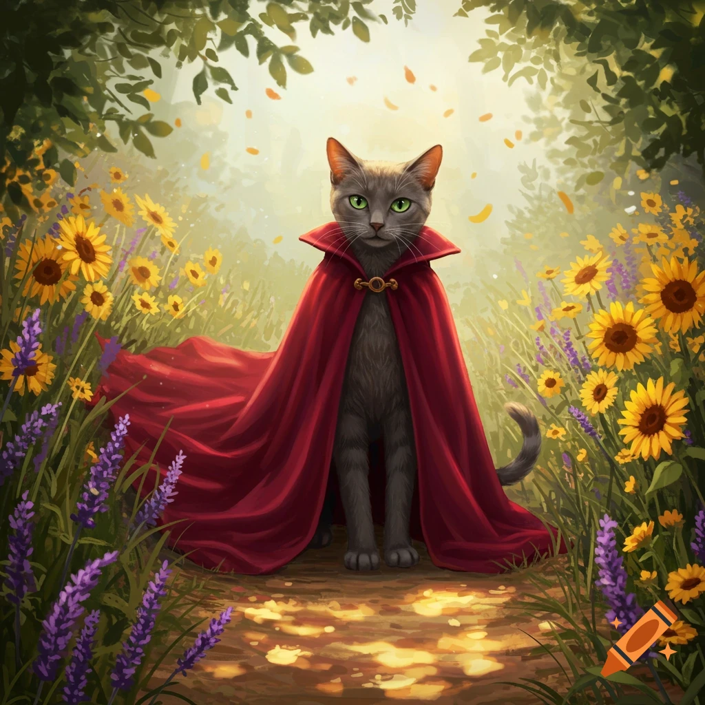 A grey cat with green eyes wears a red cape, standing on a sunlit path in a field of sunflowers and lavender.