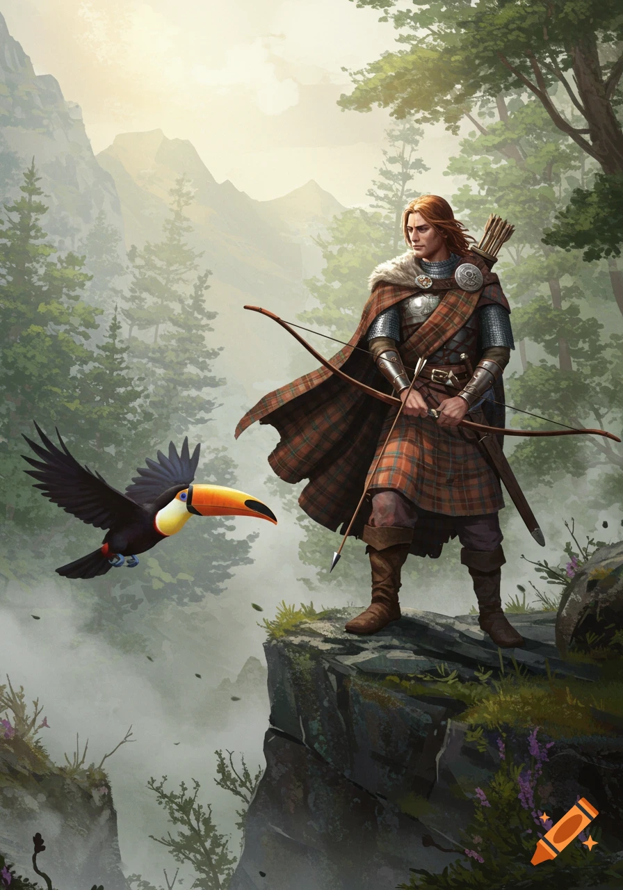 A warrior in a kilt and chainmail armor holds a bow while a toucan flies next to him on a misty cliff.